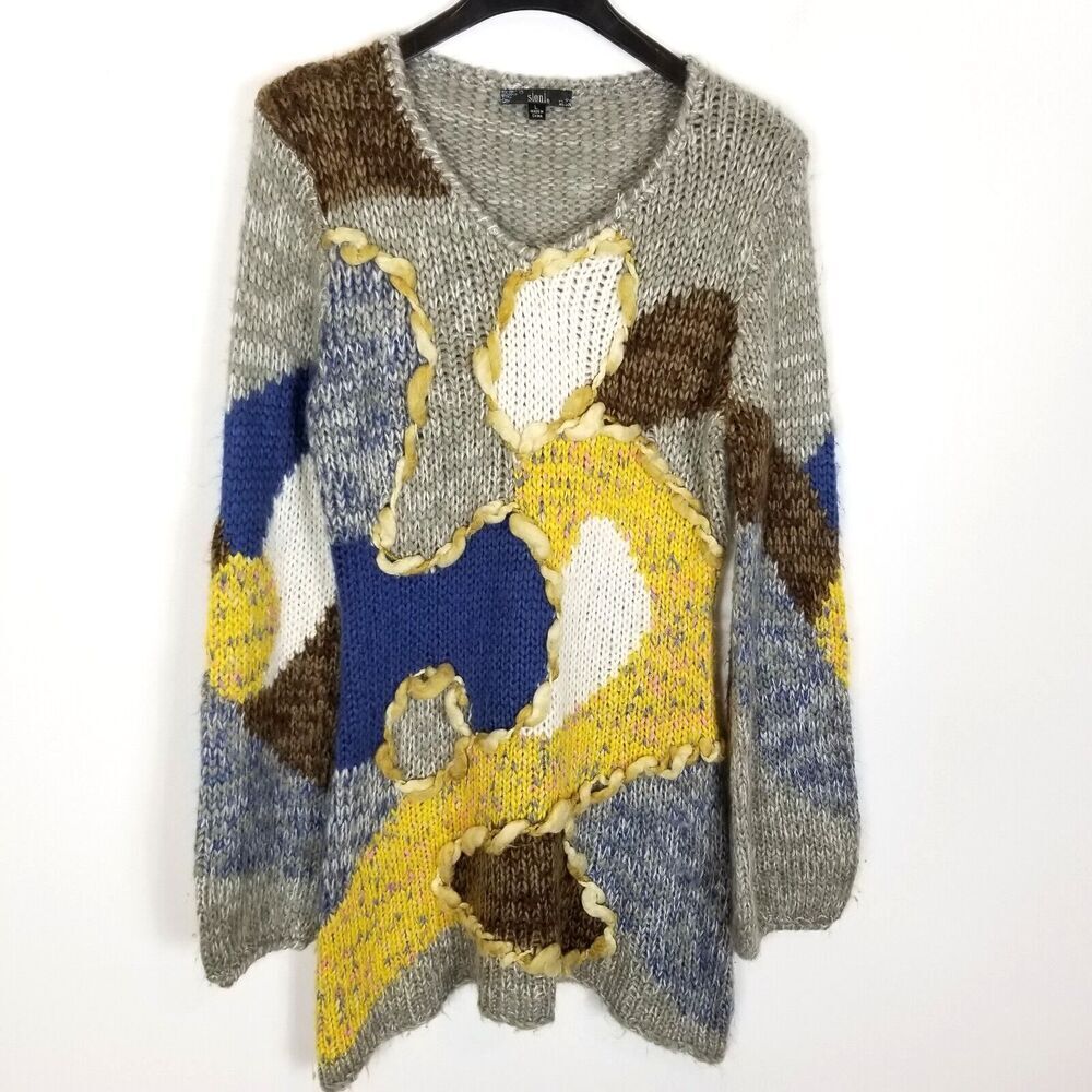 Sioni Women Chunky Knit Artsy Pullover Sweater sz L Wool Blend Boho Multicolor